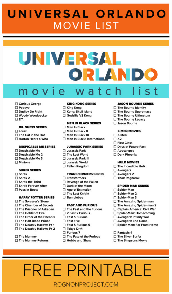 Universal Orlando Movie Watch List Free printable – Rognon Project